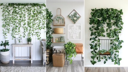 Fototapeta premium Three variations of artificial hanging ivy on walls.
