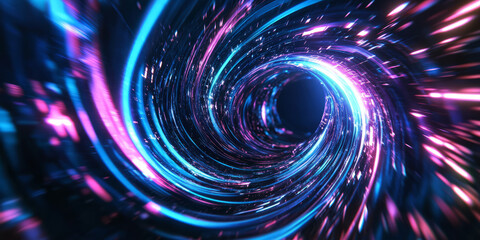 A sleek 3D abstract background featuring a swirling vortex of digital energy, with glowing neon waves radiating outward. The cyberpunk-inspired reflections enhance the futuristic aesthetic.