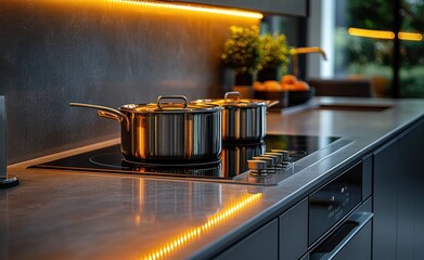Sleek Modern Kitchen Countertop with Warm Lighting and Stainless Steel Cookware