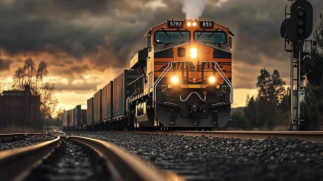 Iron Horse Journey: A powerful locomotive hauling a long line of freight cars speeds along a railway track, its lights piercing through a dramatic, stormy sky. Capturing a sense of industrial might.
