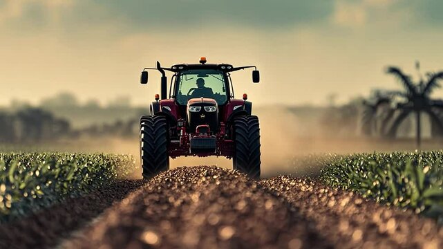Agricultural Powerhouse: A sturdy tractor navigates a vast, cultivated field, its powerful form dominating the landscape under the warm hues of a sunrise, capturing the essence of modern farming.