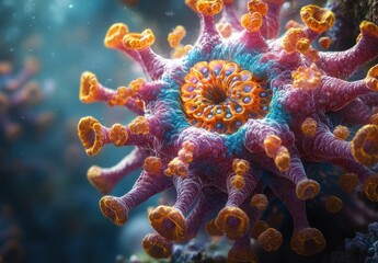 Obraz premium 3D Hyper-Realistic Microscopic View of Influenza Virus Cells and Coronavirus with Dramatic Lighting and Intricate Textures