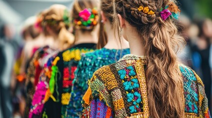 Fototapeta premium Women in vibrant embroidered clothing and intricate hairstyles.