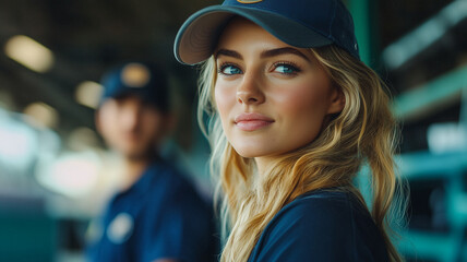 Smiling Young Woman With Long Hair And Cap At A Sunny Sports Field And Park Area