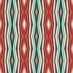 Seamless ikat pattern inspired by Uzbek traditional ornaments. Vibrant tribal textile design with geometric zigzag lines, perfect for wallpaper, fabrics, ethnic decor, and fashion prints.