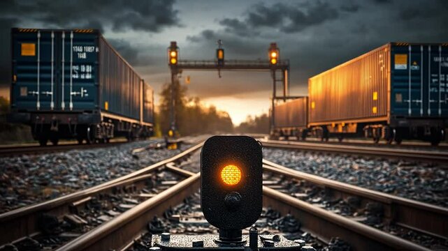 Freight Train at Sunset: Two container freight trains face each other on parallel tracks under a dramatic sky and golden sunset, highlighting the industry of transport and logistics. 
