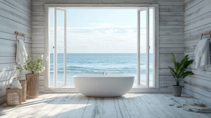 Coastal Bathroom Retreat: A luxurious bathroom suite overlooks a serene seascape, with a freestanding bathtub as the focal point, inviting relaxation and tranquility.