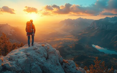 Fototapeta premium Climber Ascending Rugged Rocky Mountainside with Golden Hour Sun Rays Wide Angle Perspective Steep Cliff Landscape