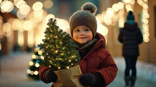 Child joyfully holding christmas tree amidst festive city lights in winter evening