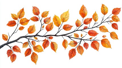 Vibrant autumn leaves on a branch against a white background, showcasing seasonal beauty