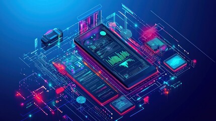 Futuristic smartphone displaying data analytics.