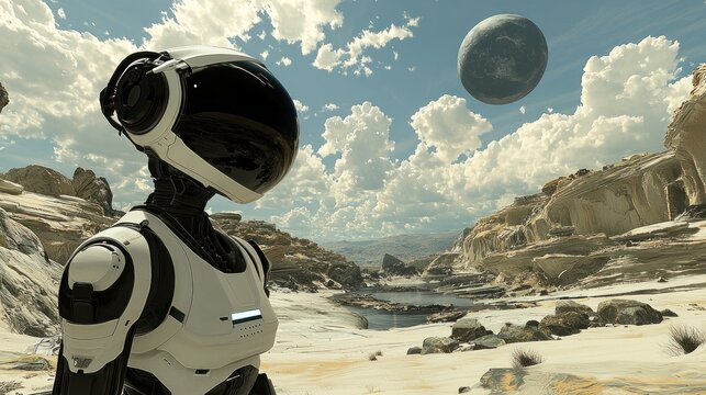 Futuristic robot exploring alien desert landscape.