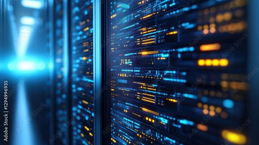 Poster servers arranged in a data center with networking equipment and cooling systems in a server room