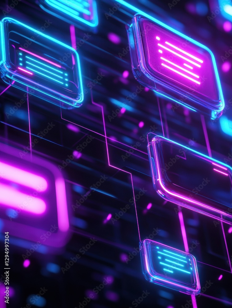 Leinwandbilder Glowing social media chat interface with floating message bubbles and notifications at night. Generative AI