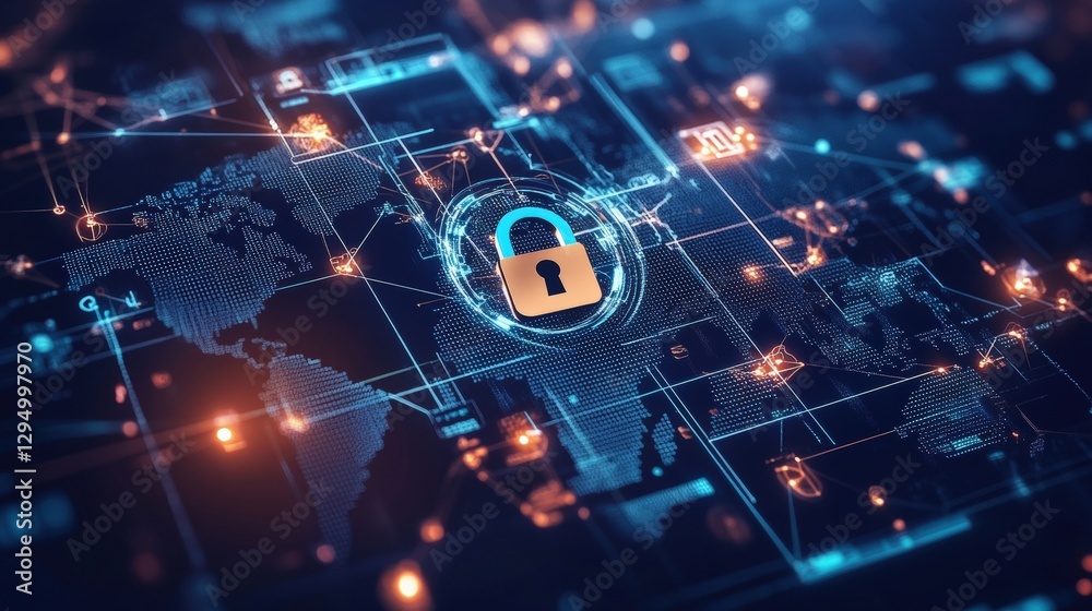 Poster lock on a circuit board with a world map background representing global security and technology