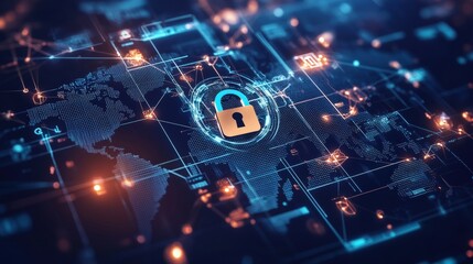 Lock on a circuit board with a world map background representing global security and technology