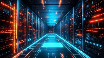 Fototapeta premium Server room, data center, network, glowing lights, technology