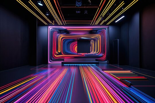 Vibrant Abstract Lines in a Modern Black-Lit Studio Atmosphere
