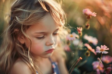 Fototapeta premium Young girl surrounded by flowers looks serene in the warm sunlight during a beautiful day outdoors