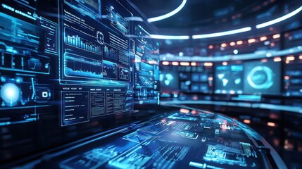 Futuristic digital interface displays data analytics on a large monitor in a modern control room.