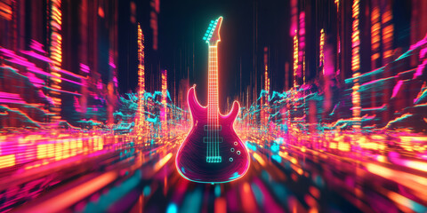 A surreal 3D abstract background showcasing a glowing neon guitar, surrounded by pulsating sound waves. The immersive visualization captures the energy of live music in a futuristic digital space.