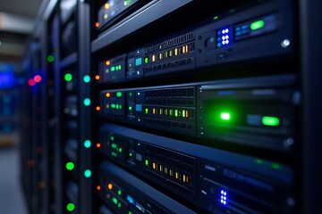 Obraz premium Server room, network, data, lights, technology, background, IT infrastructure