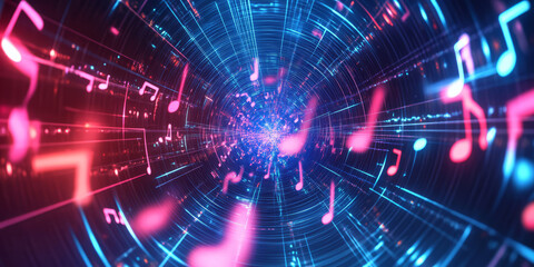 Obraz premium A mesmerizing 3D abstract background featuring an infinite tunnel of neon musical notes, dynamically shifting with rhythm. The surreal visualization creates an immersive representation of sound