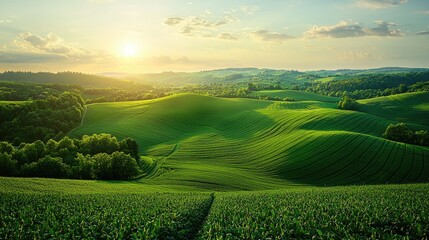 Serene sunset over lush green rolling hills with trees, showcasing nature's beauty in the countryside