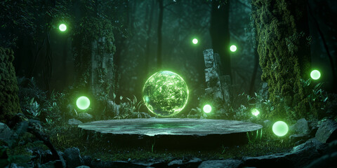 A mystical 3D background featuring a glowing crystal podium surrounded by floating energy orbs. The dark, enchanted forest in the background, with ancient ruins covered in luminescent moss, creates a