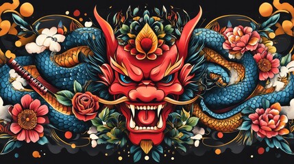 Obraz premium Ornate Dragon Head with Flowers and Snakes, Tattoo Style, Artistic Image