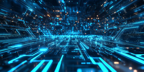 A stunning 3D abstract background showcasing a digital network of glowing blue circuits, forming an infinite neon web. The deep reflections and vibrant futuristic glow enhance the cybernetic feel.