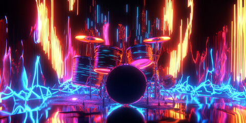 A mesmerizing 3D music background with a floating, neon-lit drum set, each drum emitting glowing waves of pulsating energy. The futuristic visualization captures the raw power and rhythm of percussion