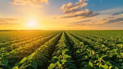 Sunset over lush green soybean fields in rural landscape showcasing organized rows and vibrant colors