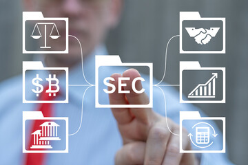 Business person using virtual touch screen push acronym: SEC. Concept of Security Exchange...