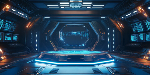Fototapeta premium A sci-fi 3D background with a metallic podium placed at the center of a spaceship hangar. Blue neon lights illuminate the edges, while floating digital displays add a sense of futuristic control.