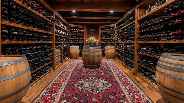 Luxury wine cellar with wooden shelves and barrels - Powered by Adobe