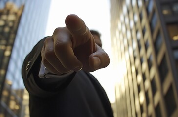  A powerful close-up shot of a businessman in a suit pointing directly at the camera, set against a backdrop of towering skyscrapers
