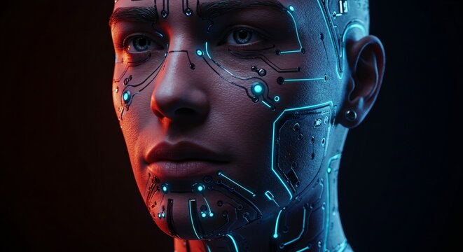 Cybernetic human face with glowing circuit patterns and futuristic elements - Powered by Adobe