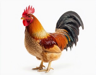 Fototapeta premium Majestic rooster with vibrant feathers standing against a white background, showcasing intricate details and natural beauty