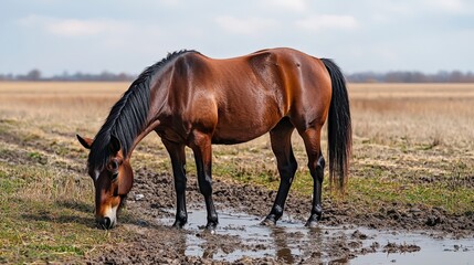 Obraz premium Brown Horse Grazing in Field on a Sunny Day with Green Grass