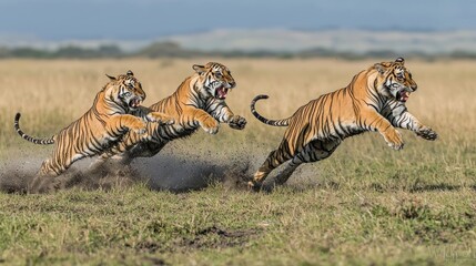 Fototapeta premium Three tigers running, leaping, and pouncing on the savanna.