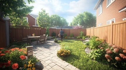Man walks suburban backyard garden patio