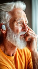 Elderly man dealing with hearing loss adjusts hearing aid with frustration in indoor setting