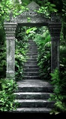 Ancient Stone Archway and Steps in Lush Tropical Jungle