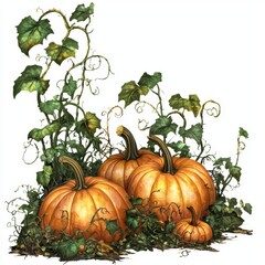 Vibrant Orange Pumpkins Surrounded by Green Vines and Leaves, Capturing the Essence of Autumn Harvest and Rural Beauty