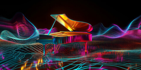 A surreal 3D music background showcasing a floating, holographic grand piano emitting colorful, abstract sound waves. The glowing musical energy ripples outward, forming an immersive digital
