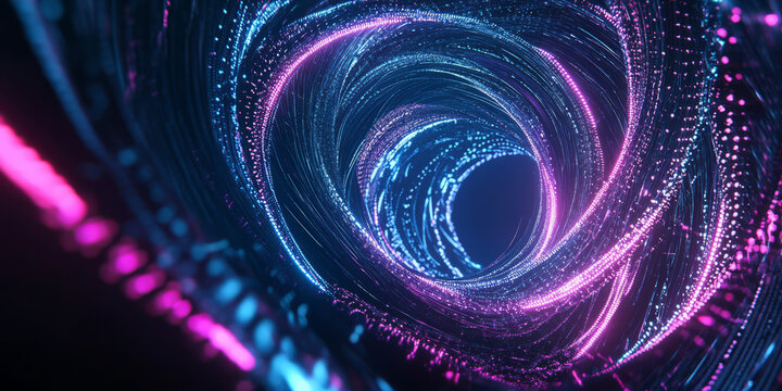 A modern 3D abstract background featuring glowing neon spirals twisting through a cybernetic void. The digital energy and high-tech aesthetic create an immersive futuristic design.