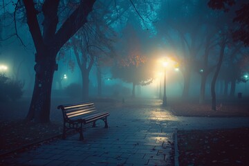 Misty park path with a bench illuminated by a street lamp during early morning hours