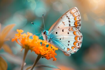 Butterfly perched on vibrant orange flower in a natural setting during daylight