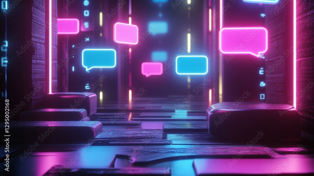 Poster glowing chat bubbles illuminate a futuristic hallway filled with vibrant text notifications at night